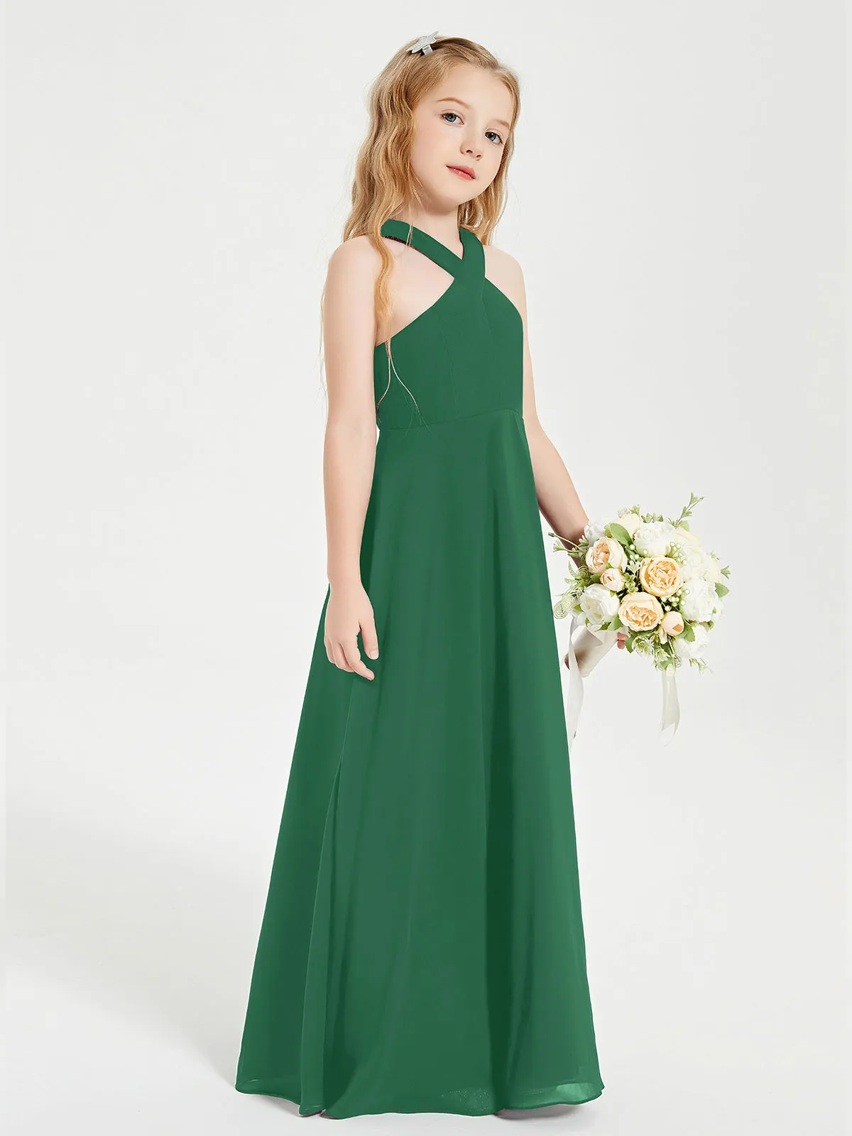 Junior Bridesmaid Dresses Grecian Neckline Floor Length Dark Green