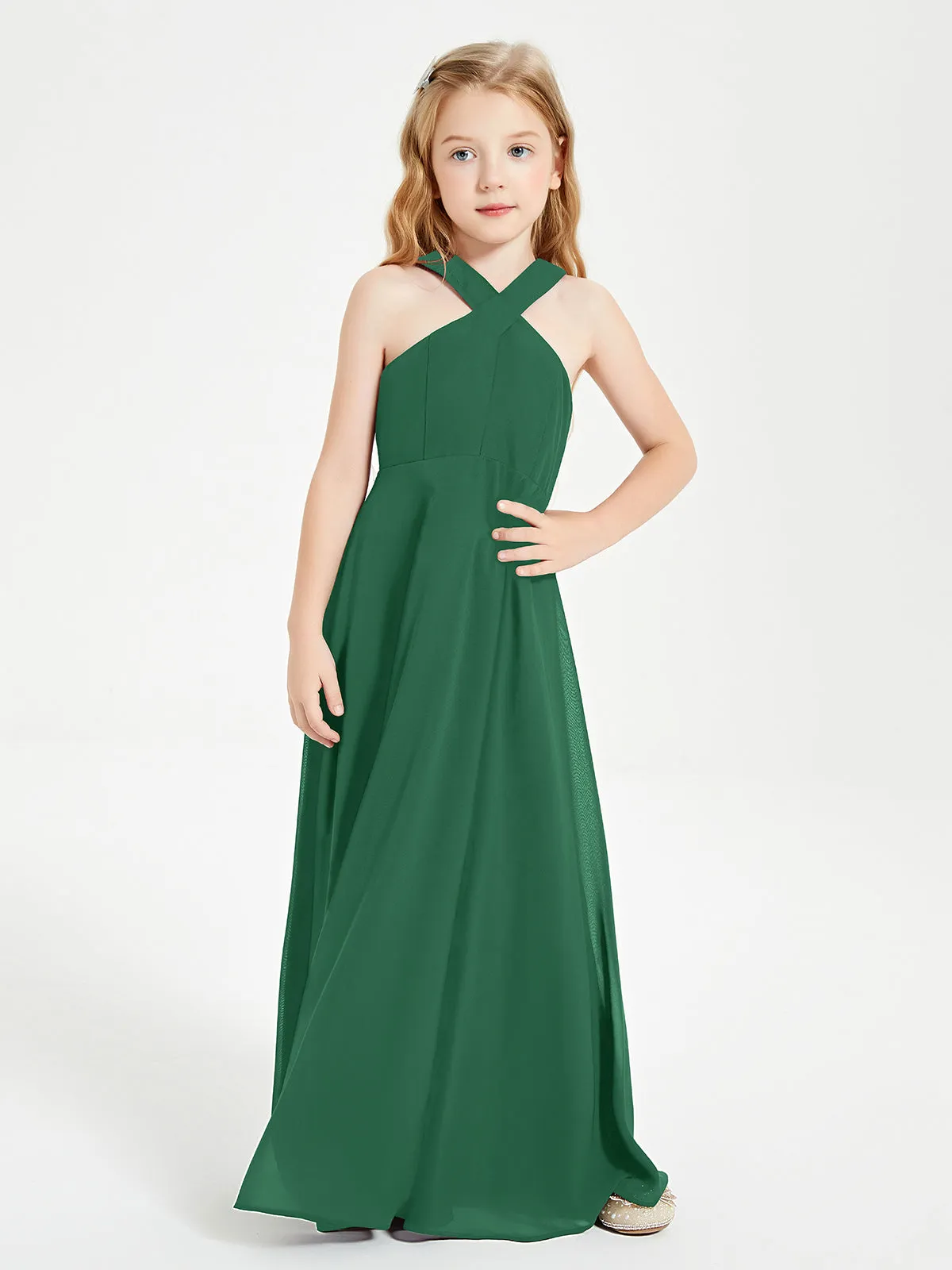 Junior Bridesmaid Dresses Grecian Neckline Floor Length Dark Green