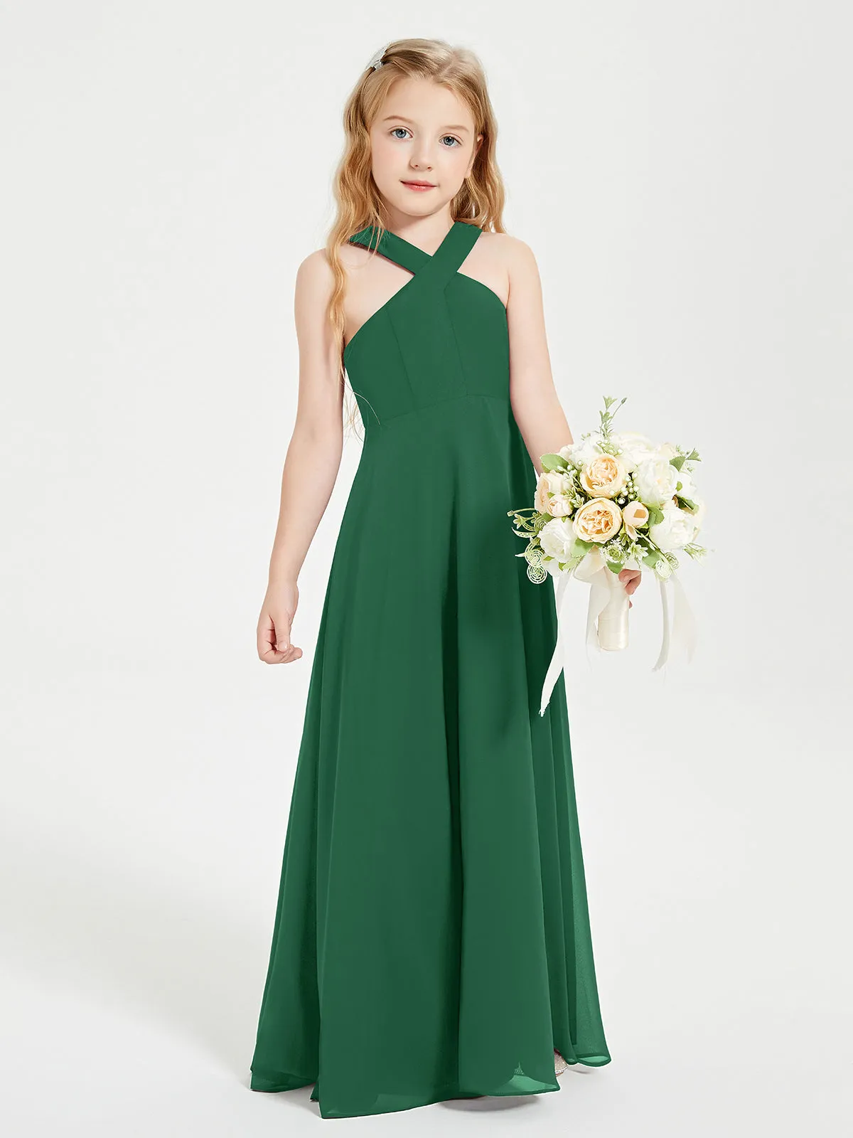 Junior Bridesmaid Dresses Grecian Neckline Floor Length Dark Green