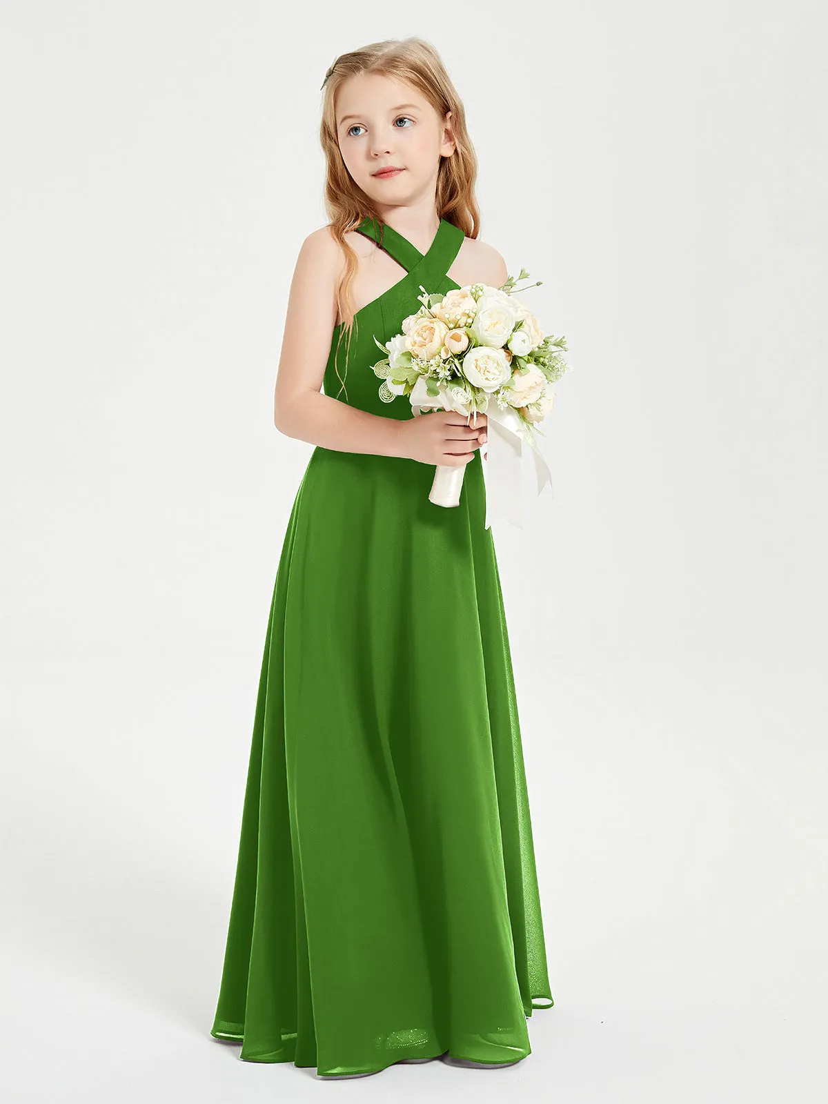 Junior Bridesmaid Dresses Grecian Neckline Floor Length Moss