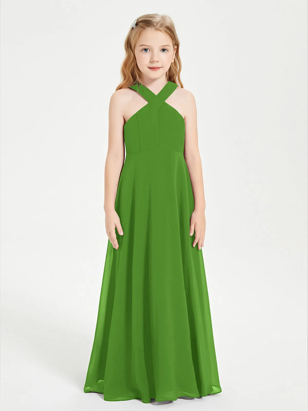 Junior Bridesmaid Dresses Grecian Neckline Floor Length Moss