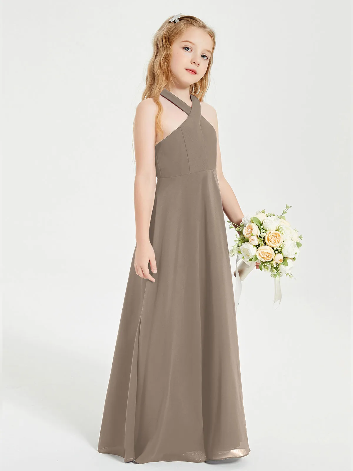Junior Bridesmaid Dresses Grecian Neckline Floor Length Taupe