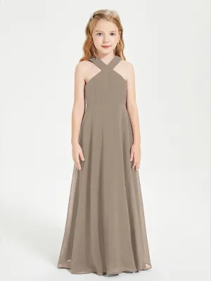 Junior Bridesmaid Dresses Grecian Neckline Floor Length Taupe