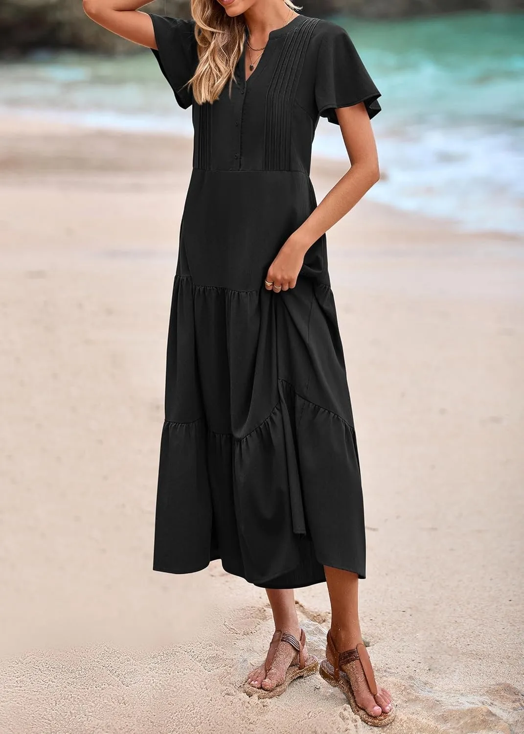 KIRUNDO Summer Maxi Dresses for Women 2025 Spring Fashion Short Sleeve Button V Neck Pleated Loose Tiered Swing Flowy Dress