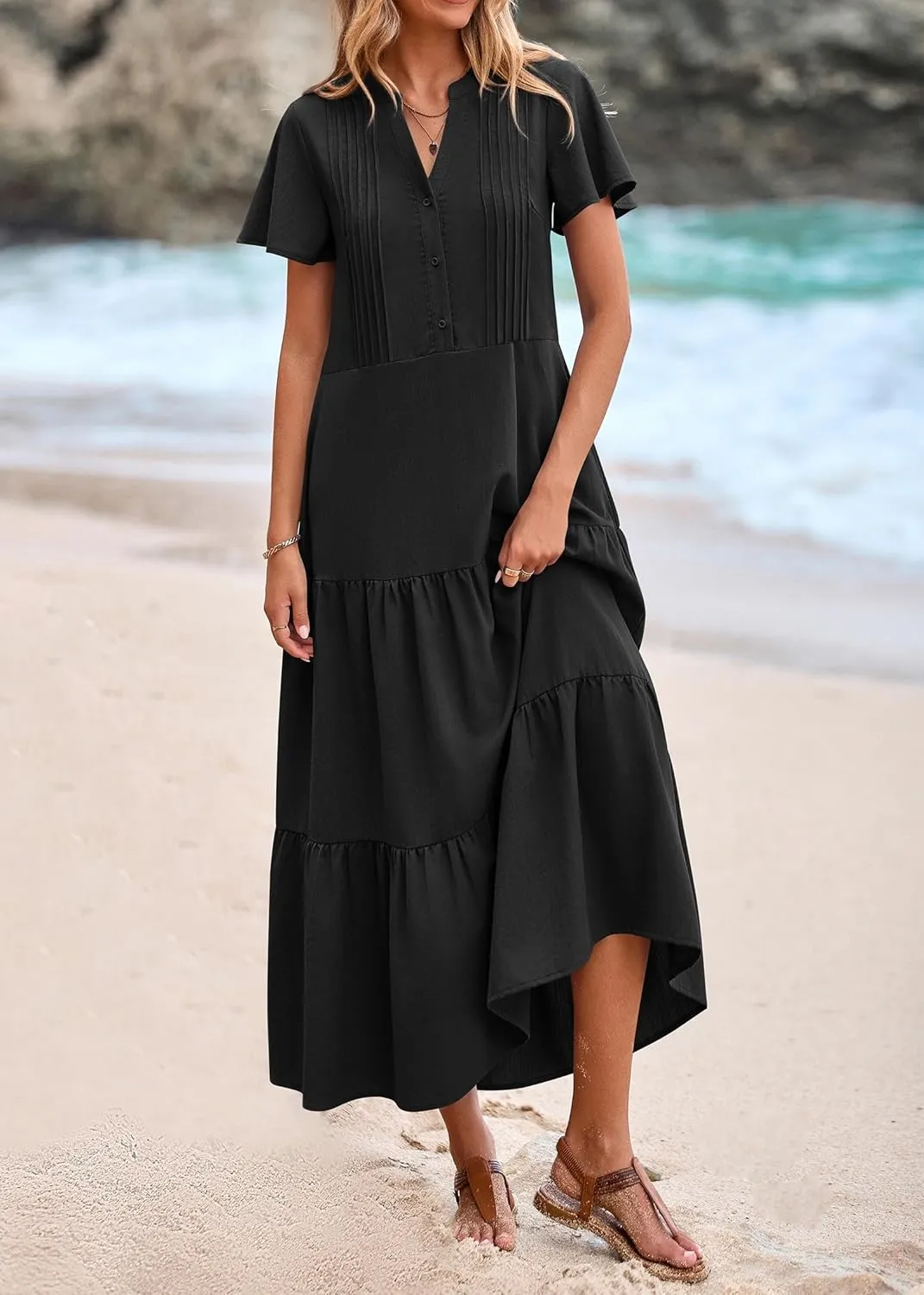 KIRUNDO Summer Maxi Dresses for Women 2025 Spring Fashion Short Sleeve Button V Neck Pleated Loose Tiered Swing Flowy Dress