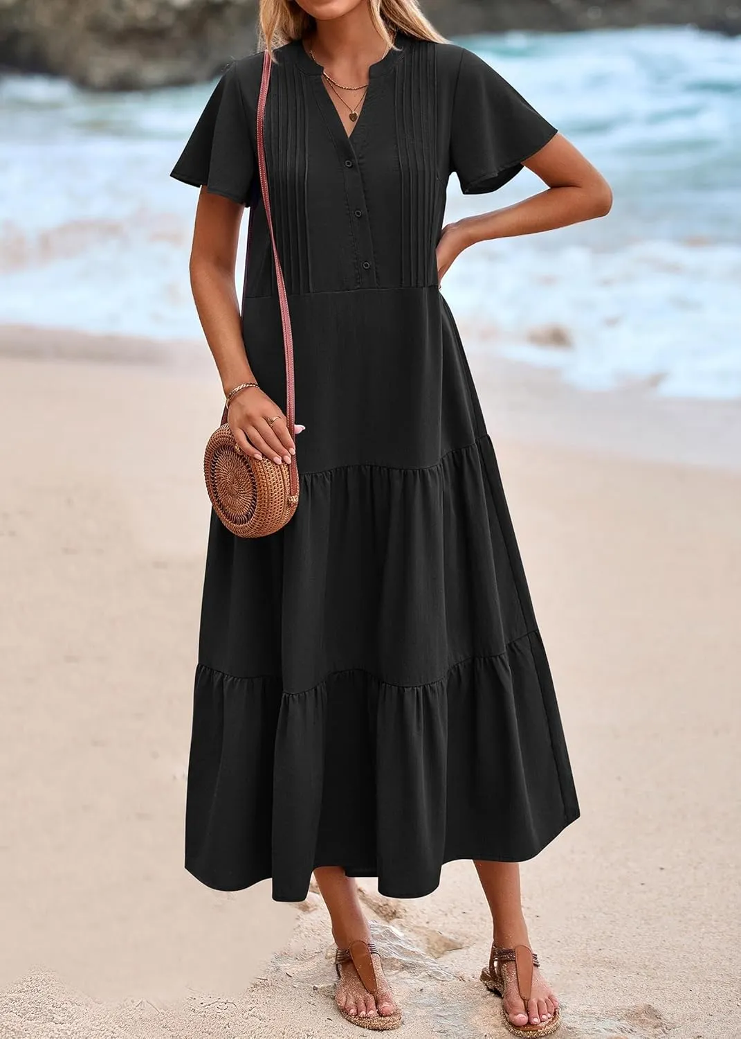 KIRUNDO Summer Maxi Dresses for Women 2025 Spring Fashion Short Sleeve Button V Neck Pleated Loose Tiered Swing Flowy Dress