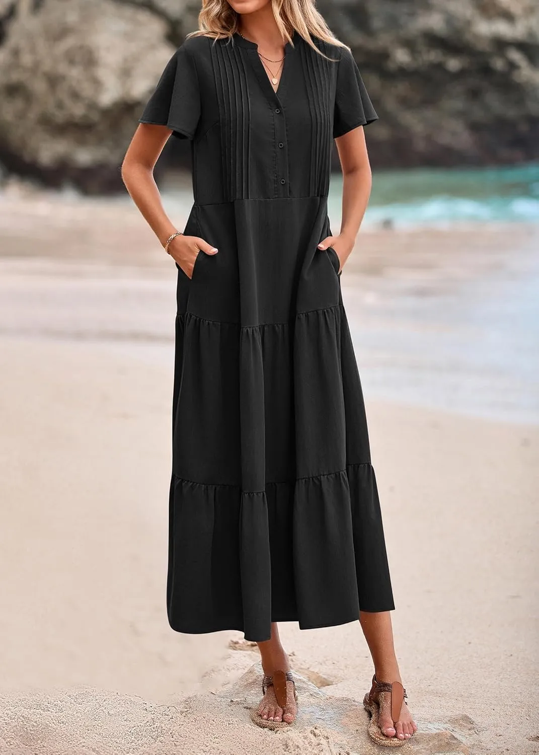 KIRUNDO Summer Maxi Dresses for Women 2025 Spring Fashion Short Sleeve Button V Neck Pleated Loose Tiered Swing Flowy Dress
