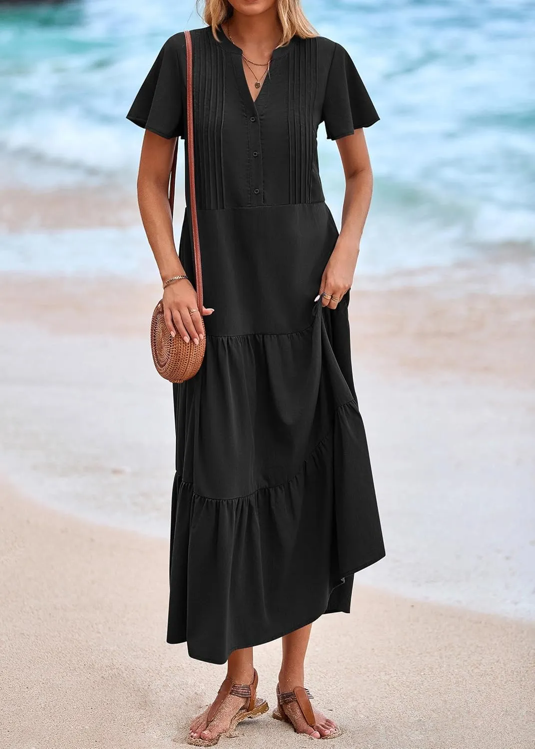 KIRUNDO Summer Maxi Dresses for Women 2025 Spring Fashion Short Sleeve Button V Neck Pleated Loose Tiered Swing Flowy Dress