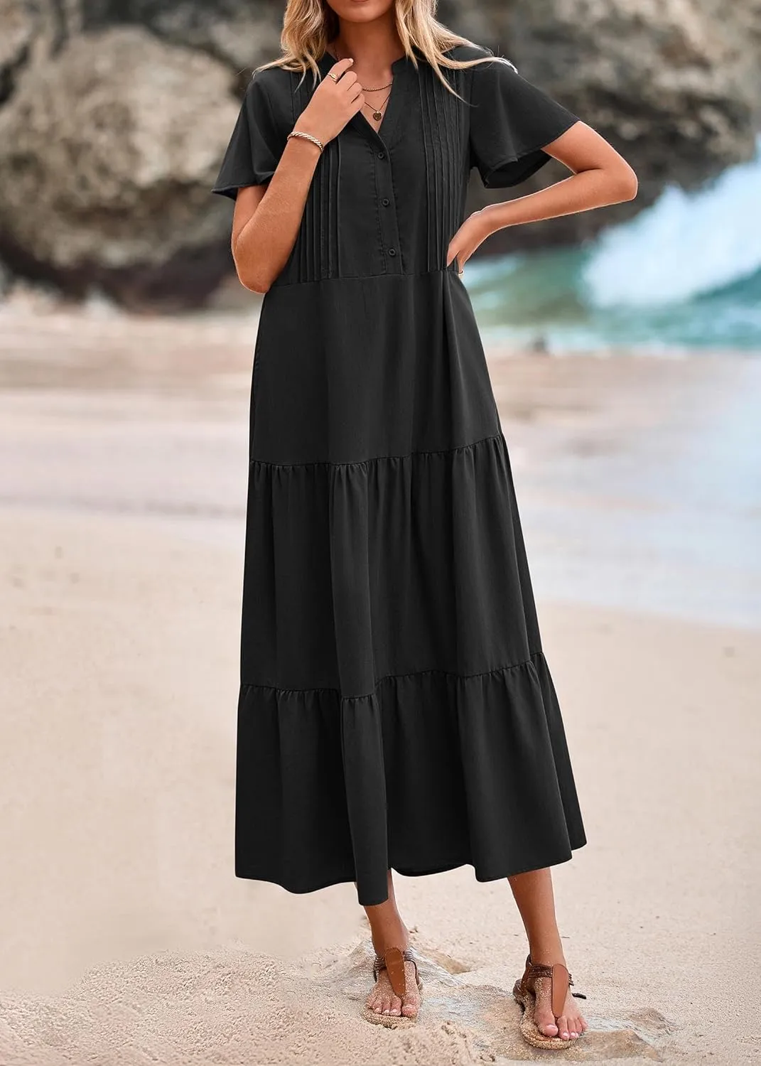 KIRUNDO Summer Maxi Dresses for Women 2025 Spring Fashion Short Sleeve Button V Neck Pleated Loose Tiered Swing Flowy Dress