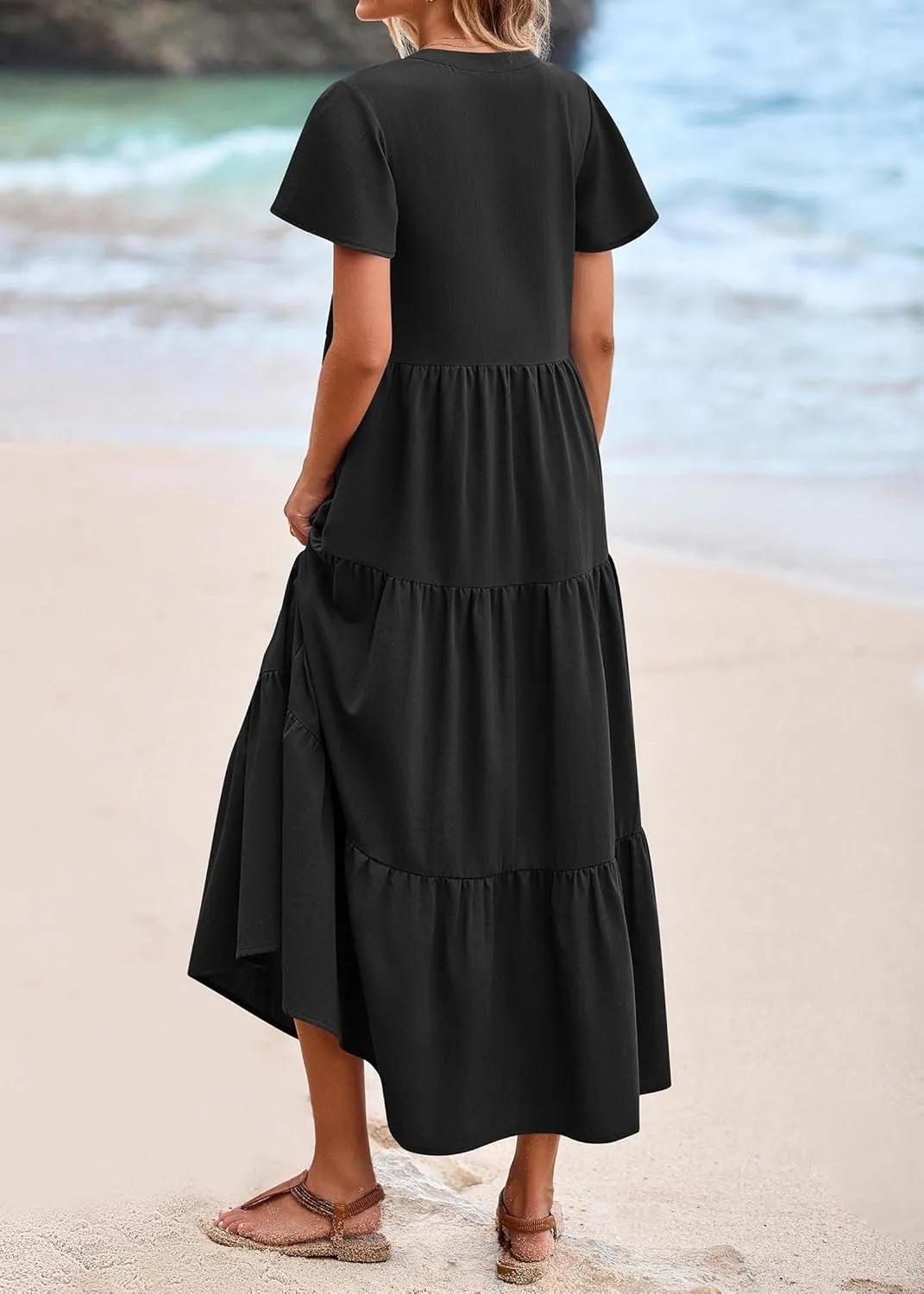 KIRUNDO Summer Maxi Dresses for Women 2025 Spring Fashion Short Sleeve Button V Neck Pleated Loose Tiered Swing Flowy Dress