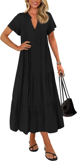 KIRUNDO Summer Maxi Dresses for Women 2025 Spring Fashion Short Sleeve Button V Neck Pleated Loose Tiered Swing Flowy Dress