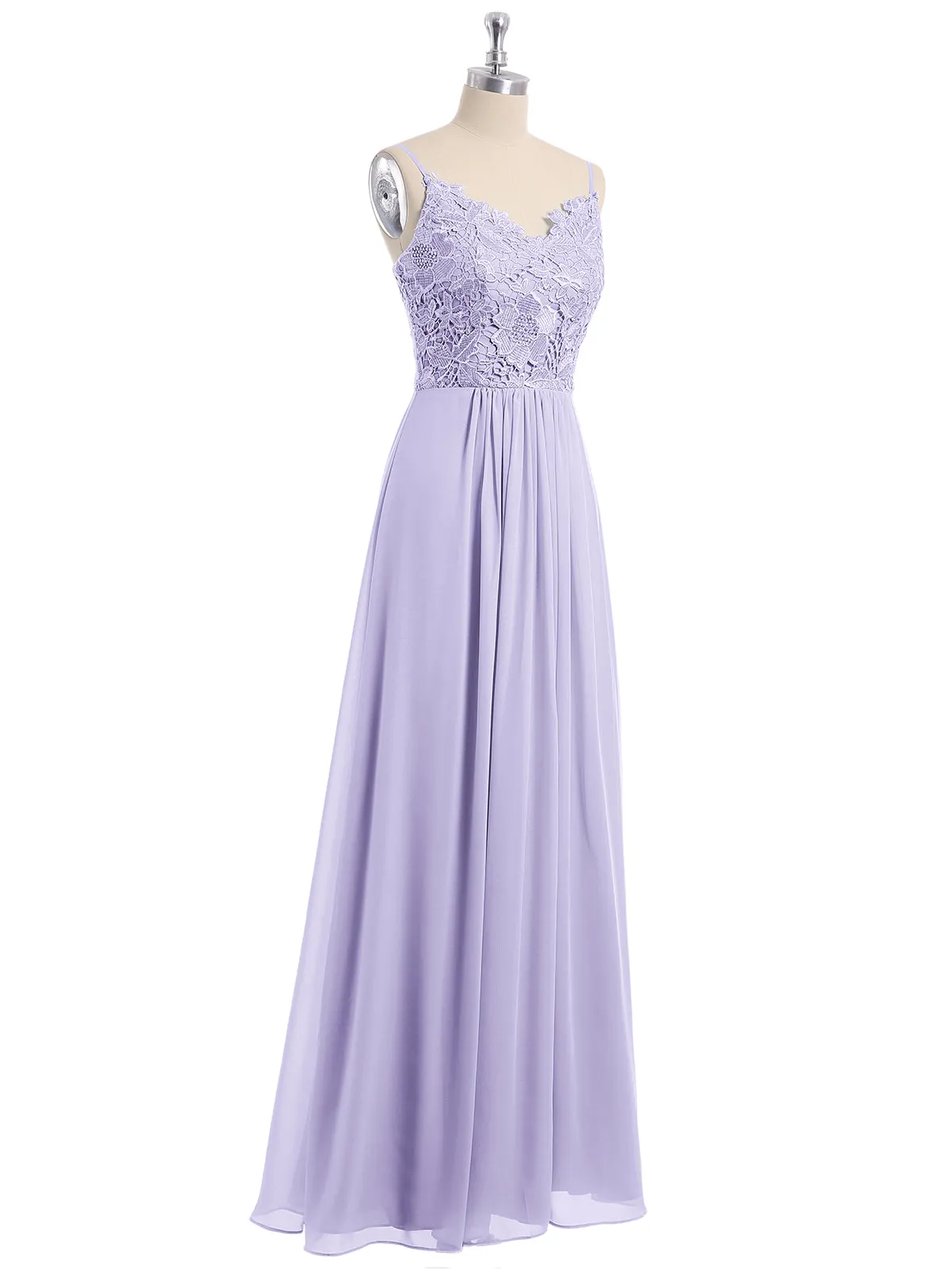 Lace and Chiffon Long Dresses with Spaghetti Straps Lilac