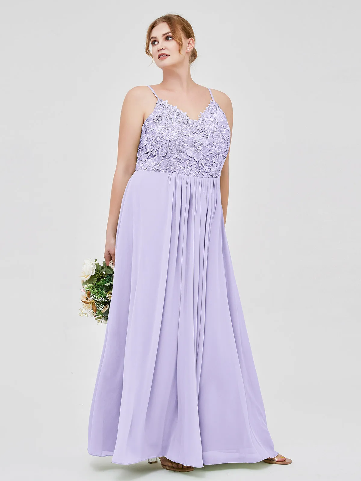 Lace and Chiffon Long Dresses with Spaghetti Straps Lilac