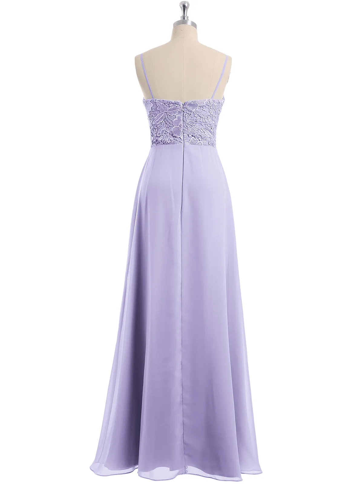 Lace and Chiffon Long Dresses with Spaghetti Straps Lilac