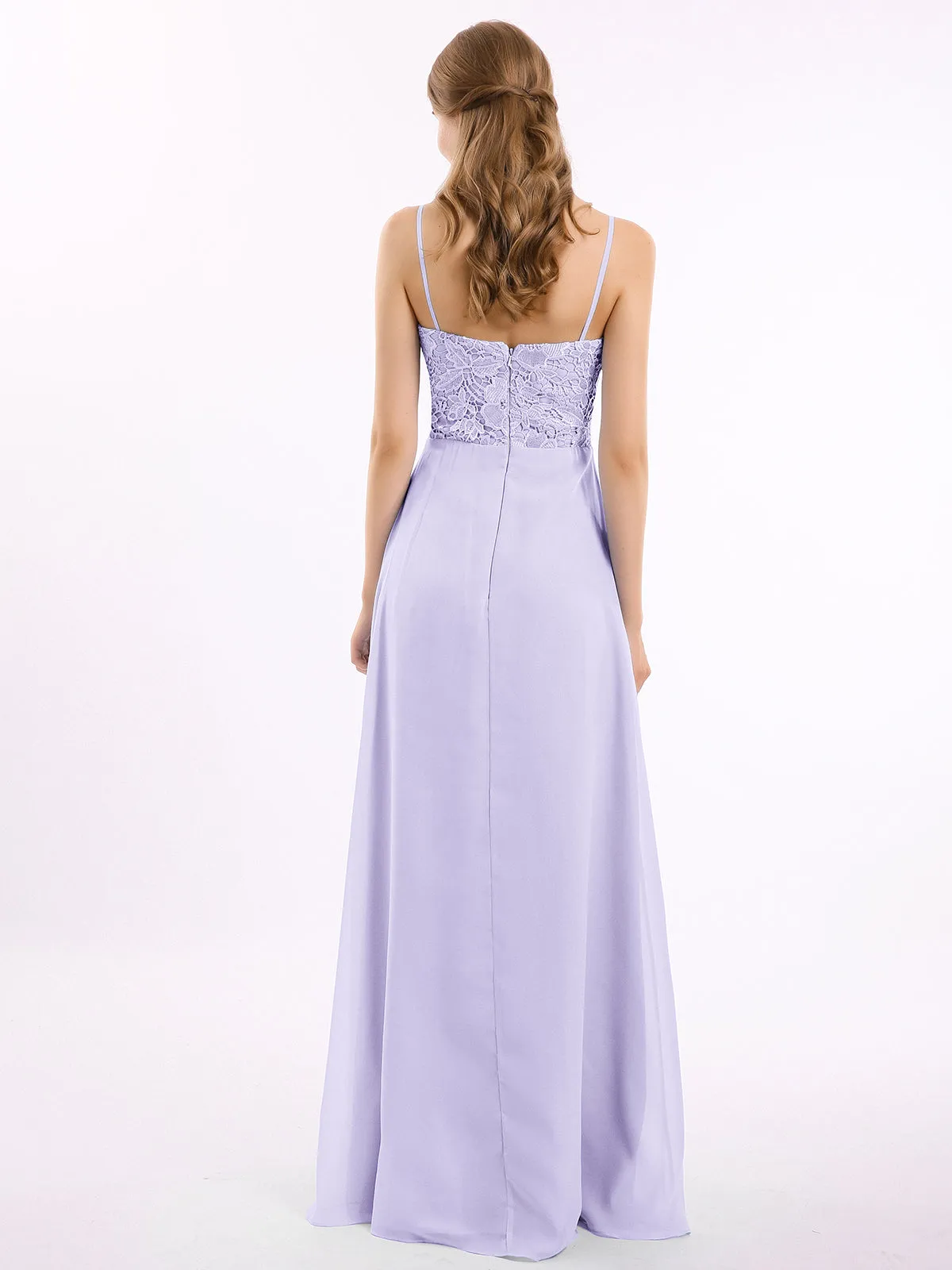 Lace and Chiffon Long Dresses with Spaghetti Straps Lilac
