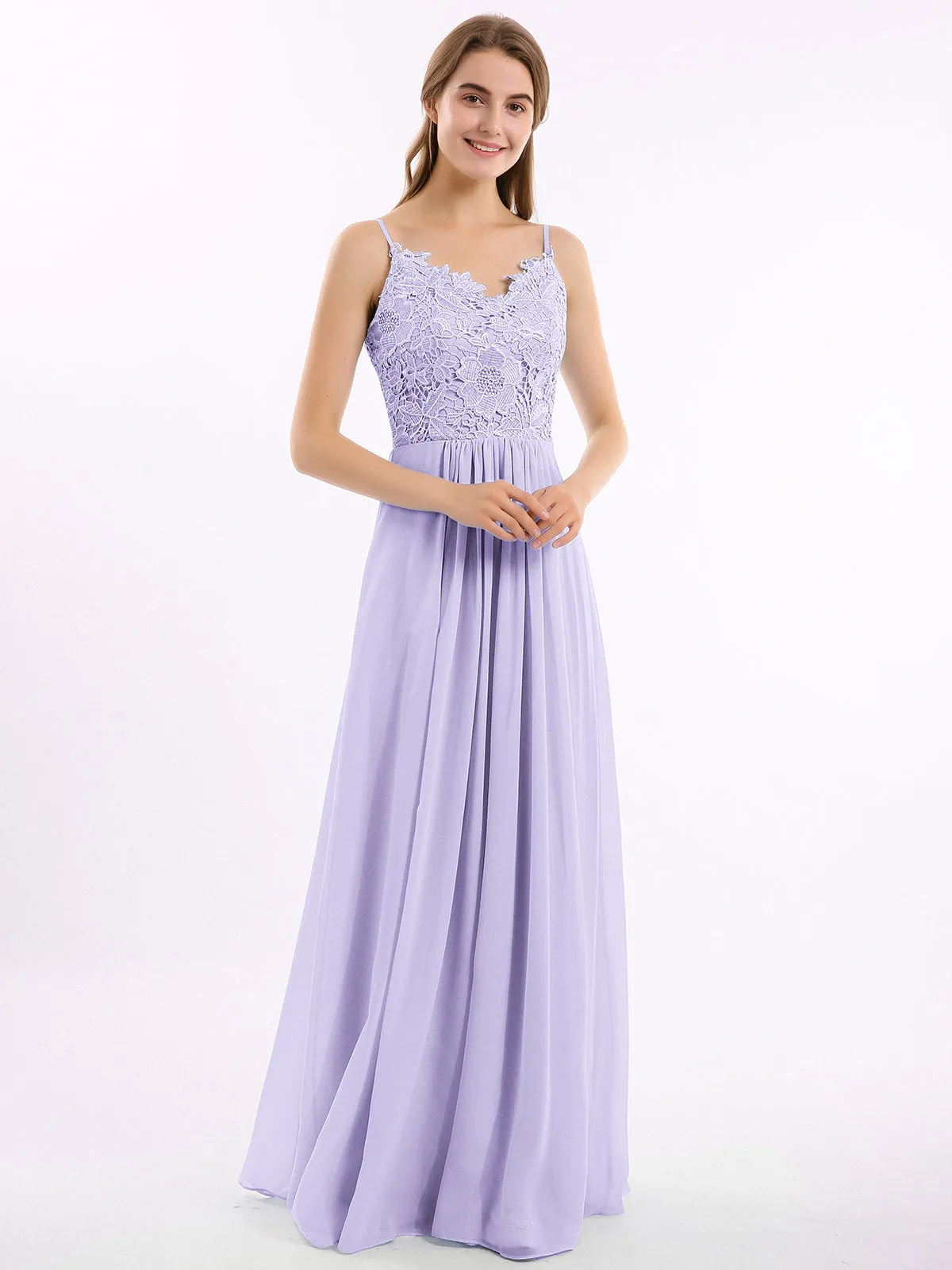 Lace and Chiffon Long Dresses with Spaghetti Straps Lilac