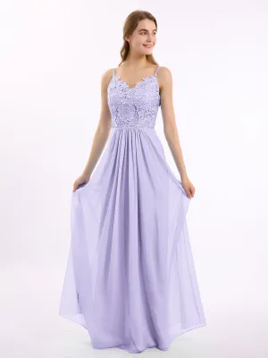 Lace and Chiffon Long Dresses with Spaghetti Straps Lilac