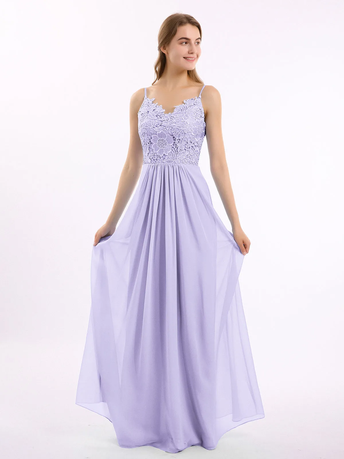 Lace and Chiffon Long Dresses with Spaghetti Straps Lilac