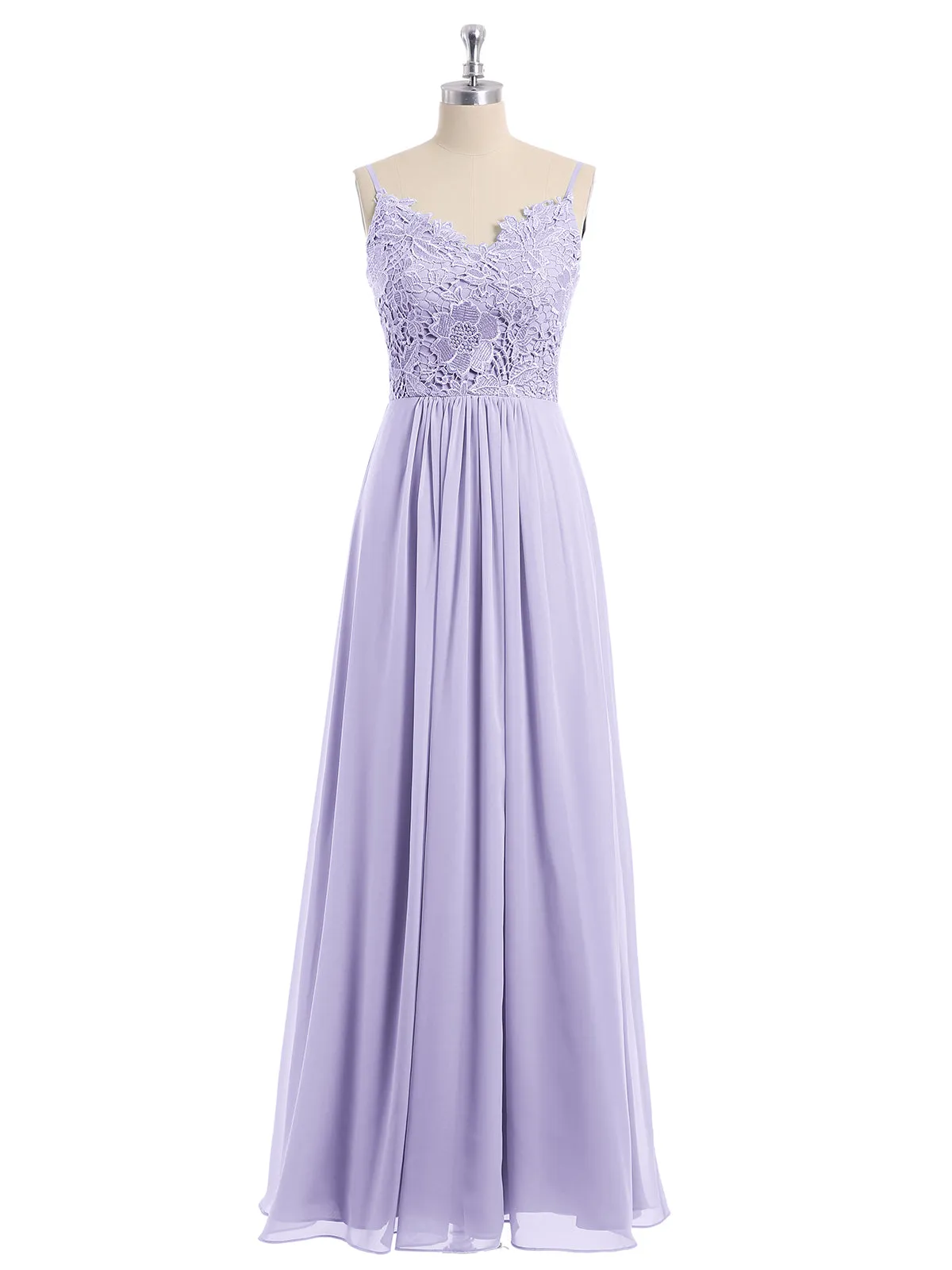 Lace and Chiffon Long Dresses with Spaghetti Straps Lilac