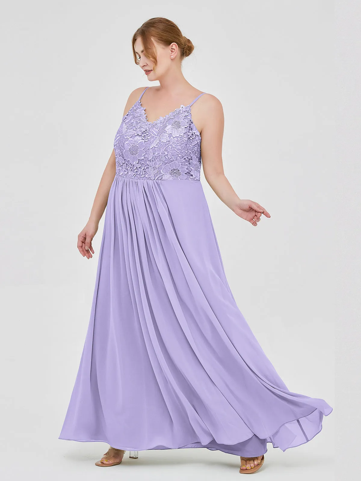 Lace and Chiffon Long Dresses with Spaghetti Straps Lilac