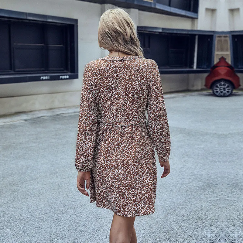 Ladies Long Sleeve Leopard Print V-Neck Dress Wholesale