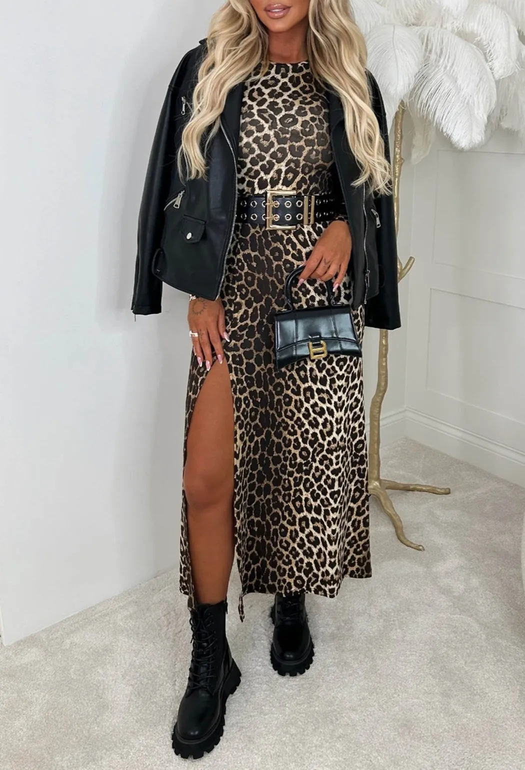 Lady In Leopard Brown Animal Print Long Sleeve Stretch Midi Dress