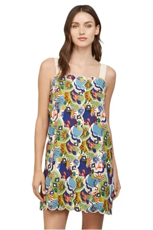 LINEN BLEND SCALLOP EDGE DETAIL SQUARE NECK DRESS: MULTI