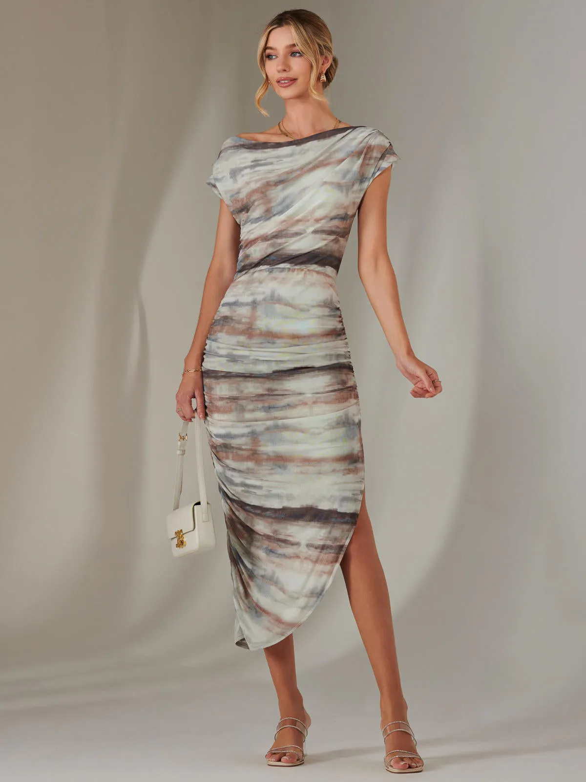 Lois Off-Shoulder Bodycon Dress, Brown Abstract