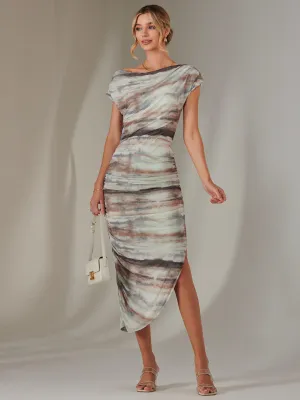 Lois Off-Shoulder Bodycon Dress, Brown Abstract