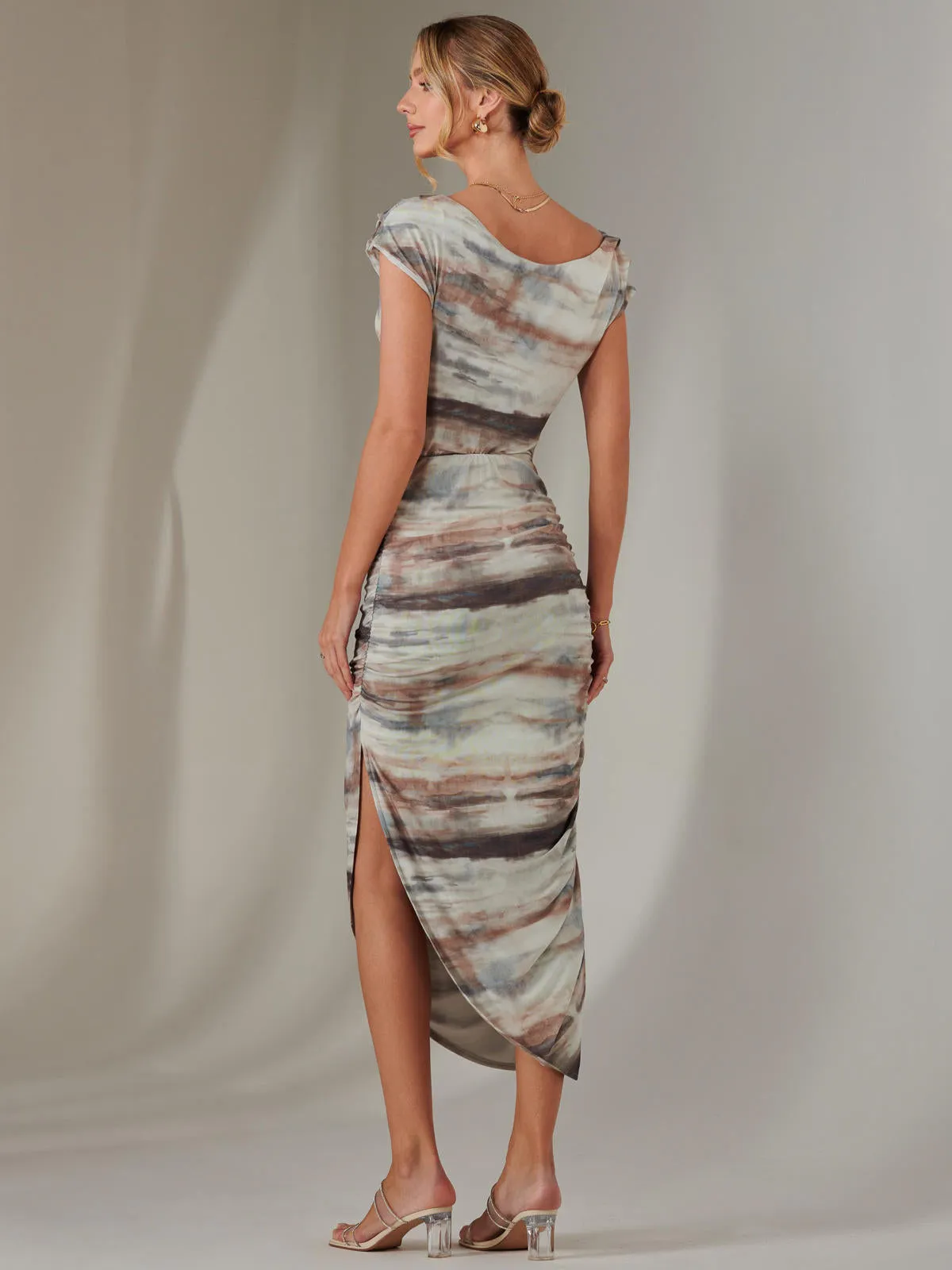 Lois Off-Shoulder Bodycon Dress, Brown Abstract
