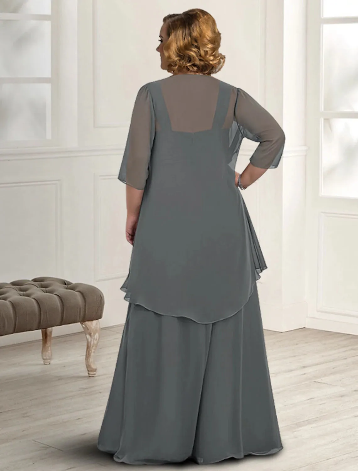 Luolandi Two Piece A-Line Mother of the Bride Dress Fall Wedding Guest Dresses Plus Size Elegant Square Neck Floor Length Chiffon Sleeveless Jacket Dresses