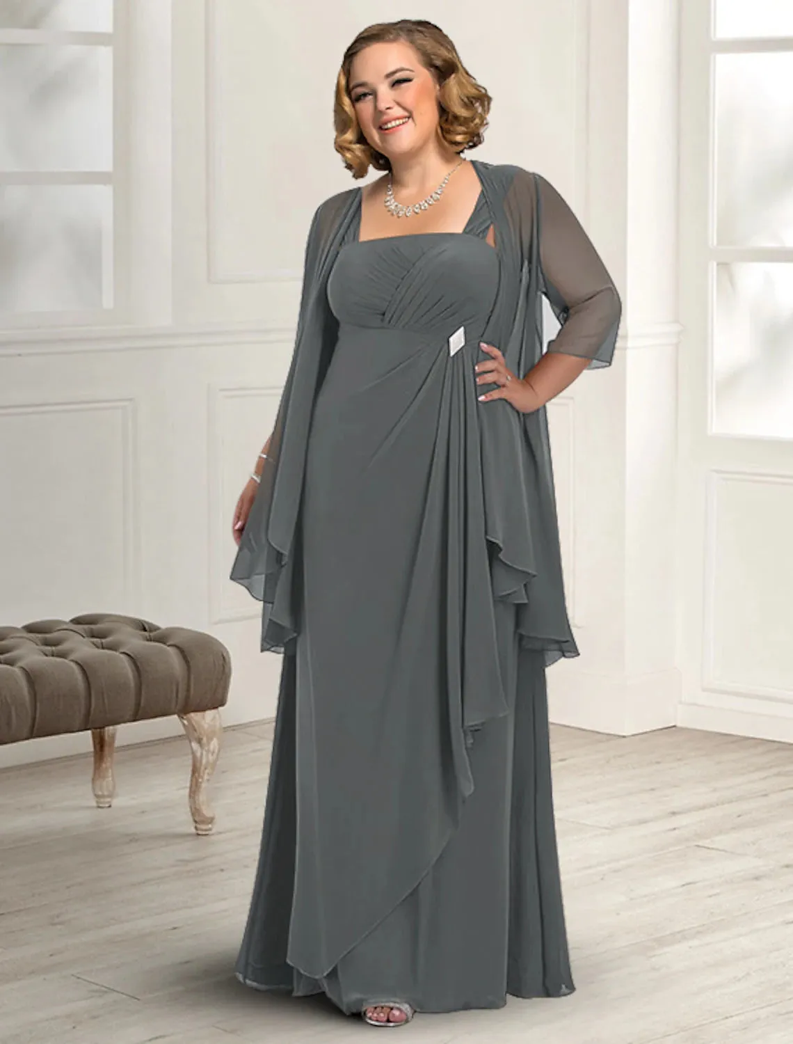 Luolandi Two Piece A-Line Mother of the Bride Dress Fall Wedding Guest Dresses Plus Size Elegant Square Neck Floor Length Chiffon Sleeveless Jacket Dresses
