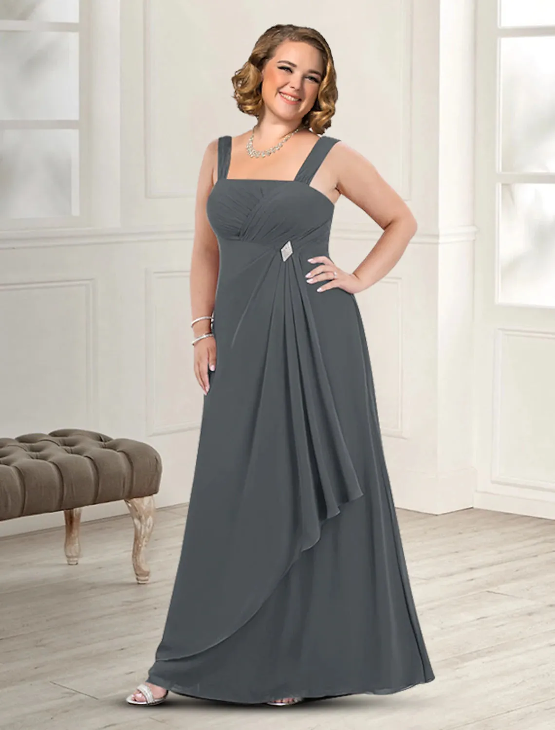 Luolandi Two Piece A-Line Mother of the Bride Dress Fall Wedding Guest Dresses Plus Size Elegant Square Neck Floor Length Chiffon Sleeveless Jacket Dresses
