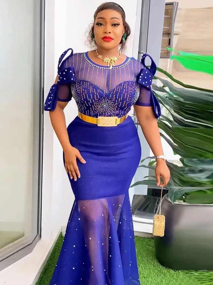 Luxurious African Inspired Wedding Party Dresses: Diamond-Adorned Bodycon Maxi Robes for Elegant Womens Dress