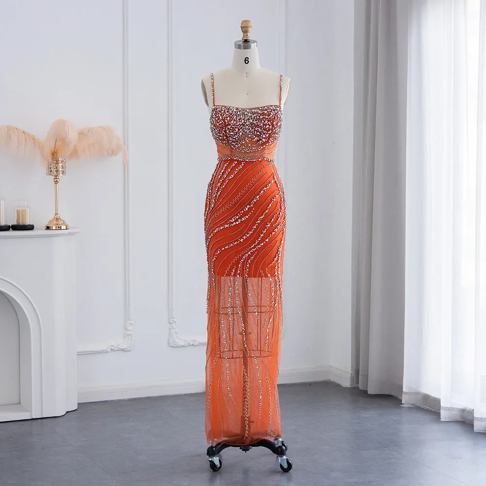 Luxury Orange Crystal Spaghetti Cocktail Party Dress RM155