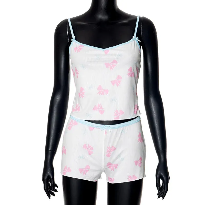 LVSANW CUTENOVA Y2K Contrast Printed Spliced Bow Crop Tank Top Shorts Set Women Camis Pants Slim Leisure Suit Hottie Balletcore Outfits