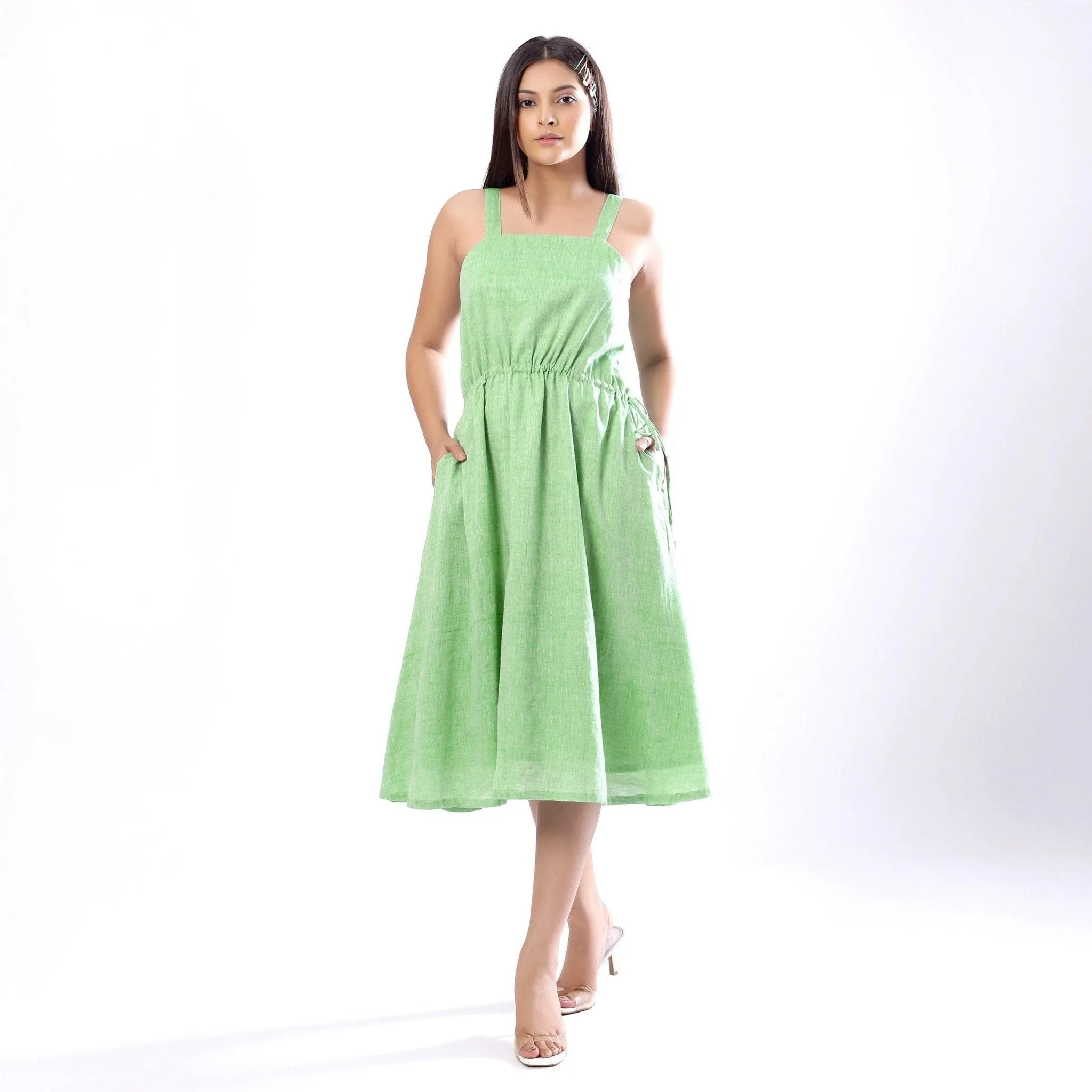 Mint Green Handspun Cotton Strappy Circular Midi Dress