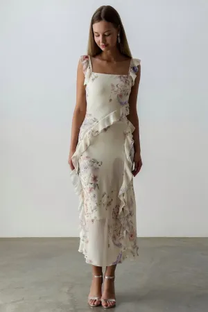 Naomi Floral Ruffle Trimmed Cami Slit Midi Dress