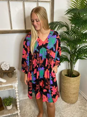 Neon Floral Black V-Neck Dress
