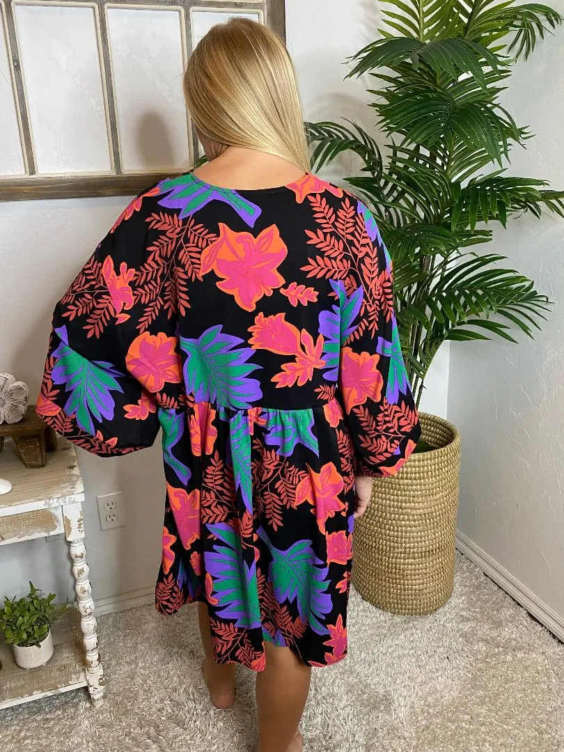 Neon Floral Black V-Neck Dress