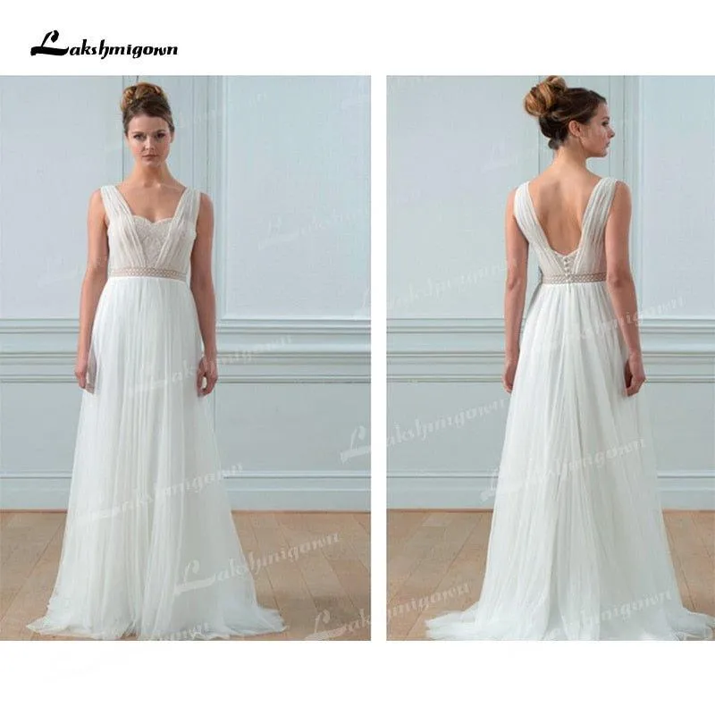 NumberSea Boho Chiffon A-Line Wedding Dresses Sweetheart Neck Corset Sexy Open Back Sleeveless Pleats Sweep/Brush Train Beach Bride Gowns