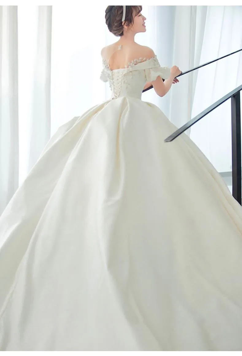 NumberSea Off The Shoulder Flower Satin Wedding Dress 2021 New Floor Length Light Simple Bridal Dress Robe De Mariee
