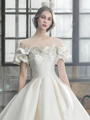 NumberSea Off The Shoulder Flower Satin Wedding Dress 2021 New Floor Length Light Simple Bridal Dress Robe De Mariee
