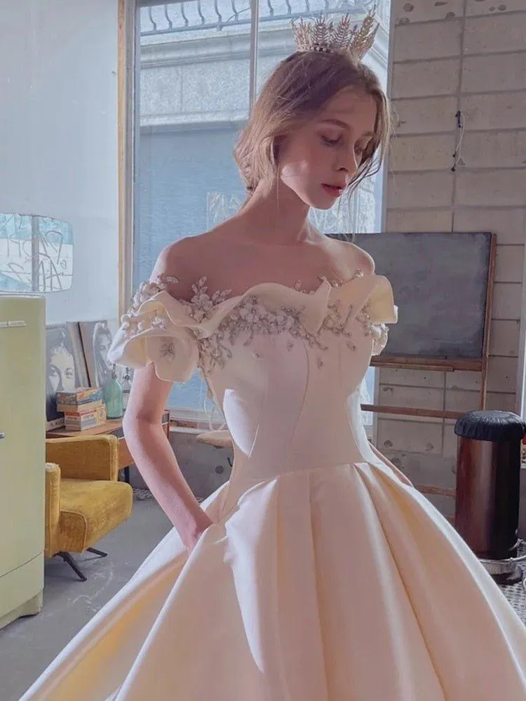 NumberSea Off The Shoulder Flower Satin Wedding Dress 2021 New Floor Length Light Simple Bridal Dress Robe De Mariee