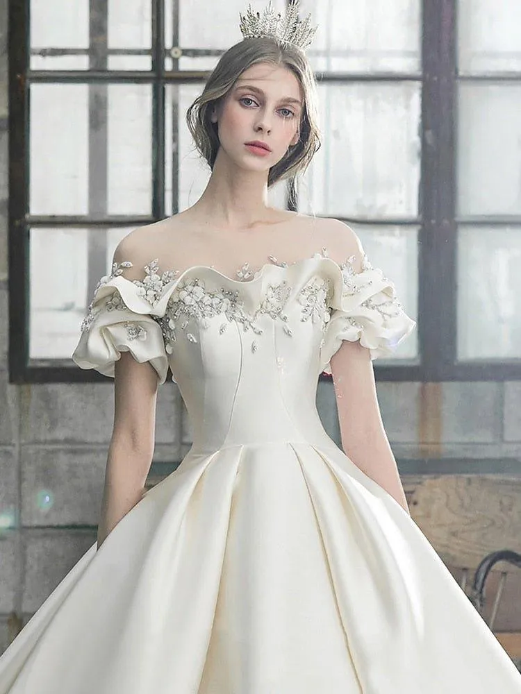 NumberSea Off The Shoulder Flower Satin Wedding Dress 2021 New Floor Length Light Simple Bridal Dress Robe De Mariee