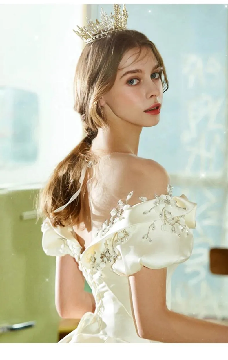 NumberSea Off The Shoulder Flower Satin Wedding Dress 2021 New Floor Length Light Simple Bridal Dress Robe De Mariee