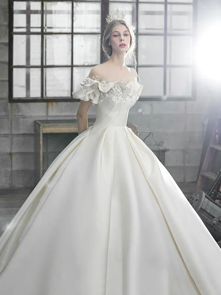 NumberSea Off The Shoulder Flower Satin Wedding Dress 2021 New Floor Length Light Simple Bridal Dress Robe De Mariee