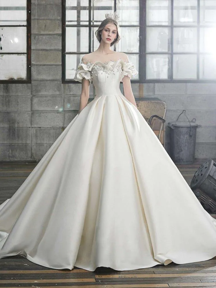 NumberSea Off The Shoulder Flower Satin Wedding Dress 2021 New Floor Length Light Simple Bridal Dress Robe De Mariee