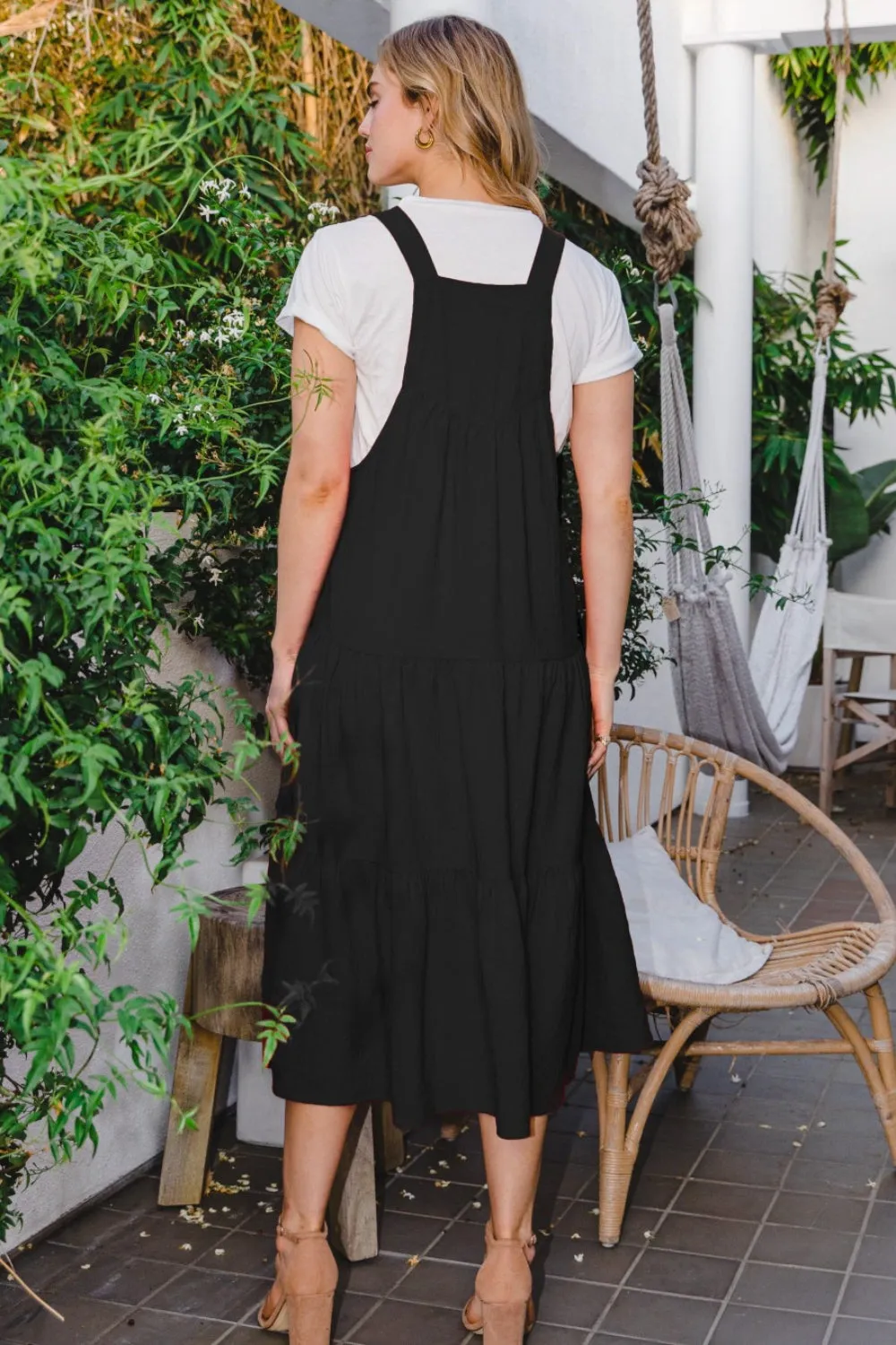 ODDI Black Overall Sleeveless Tiered Midi Dress