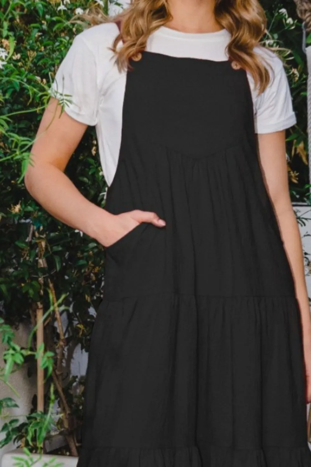 ODDI Black Overall Sleeveless Tiered Midi Dress